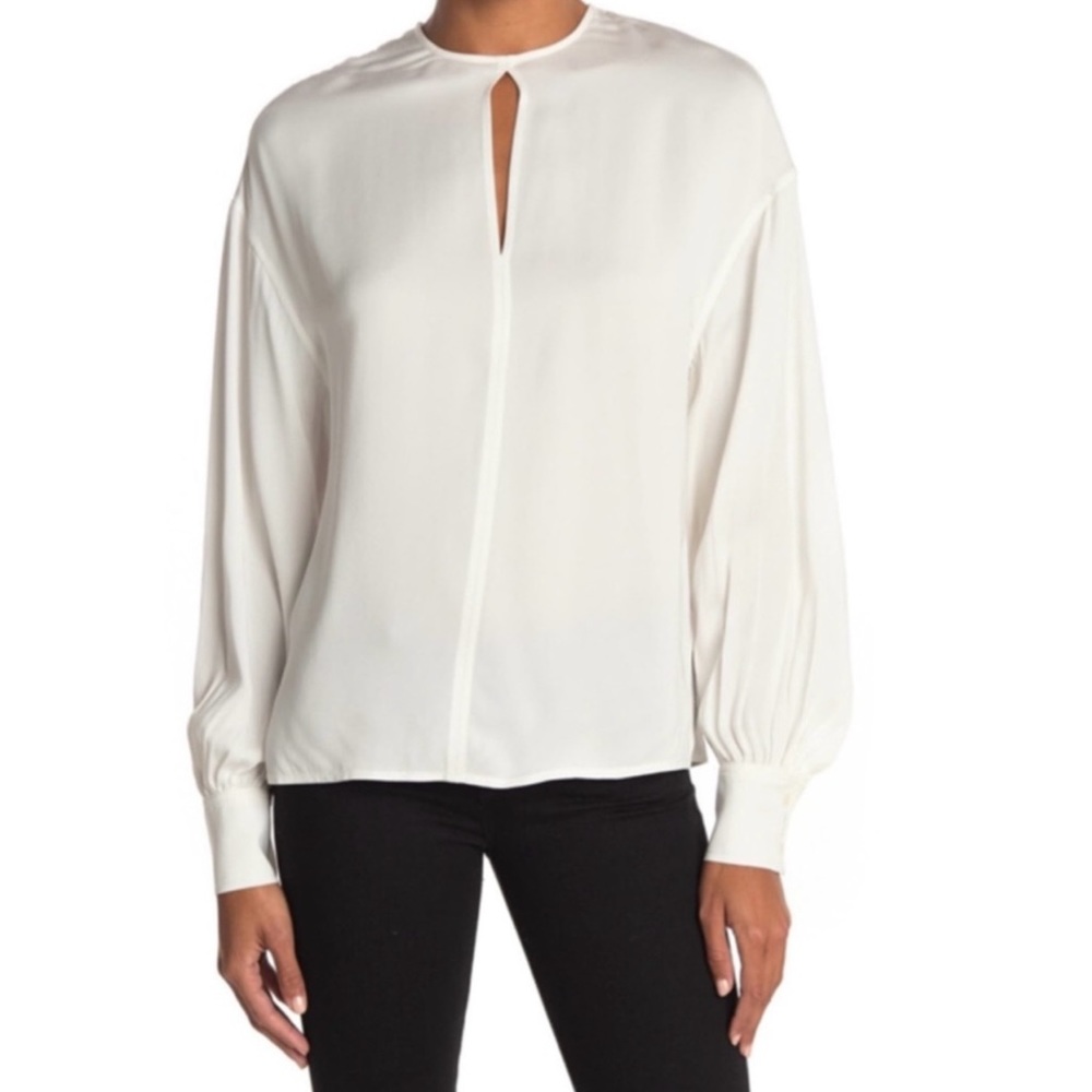REISS Alana Long Puff Bishop Sleeve Keyhole Jewel Neck Blouse Top, Ivory, Size 4